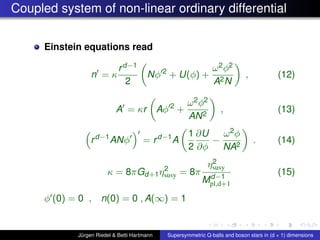 Coupled system of non-linear ordinary differential
Einstein equations read
n = κ
rd−1
2
Nφ 2
+ U(φ) +
ω2φ2
A2N
, (12)
A = κr Aφ 2
+
ω2φ2
AN2
, (13)
rd−1
ANφ = rd−1
A
1
2
∂U
∂φ
−
ω2φ
NA2
. (14)
κ = 8πGd+1η2
susy = 8π
η2
susy
Md−1
pl,d+1
(15)
φ (0) = 0 , n(0) = 0 , A(∞) = 1
Jürgen Riedel & Betti Hartmann Supersymmetric Q-balls and boson stars in (d + 1) dimensions
 