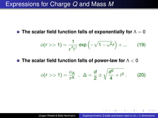 Expressions for Charge Q and Mass M
The scalar ﬁeld function falls of exponentially for Λ = 0
φ(r >> 1) ∼
1
r
d−1
2
exp − 1 − ω2r + ... (19)
The scalar ﬁeld function falls of power-law for Λ < 0
φ(r >> 1) =
φ∆
r∆
, ∆ =
d
2
±
d2
4
+ 2 . (20)
Jürgen Riedel & Betti Hartmann Supersymmetric Q-balls and boson stars in (d + 1) dimensions
 