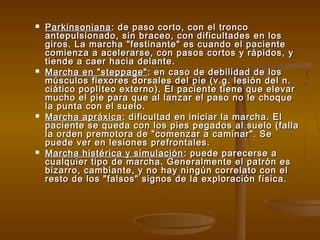 







Parkinsoniana : de paso corto, con el tronco
antepulsionado, sin braceo, con dificultades en los
giros. La marcha "festinante" es cuando el paciente
comienza a acelerarse, con pasos cortos y rápidos, y
tiende a caer hacia delante.
Marcha en "steppage" : en caso de debilidad de los
músculos flexores dorsales del pie (v.g. lesión del n.
ciático poplíteo externo). El paciente tiene que elevar
mucho el pie para que al lanzar el paso no le choque
la punta con el suelo.
Marcha apráxica : dificultad en iniciar la marcha. El
paciente se queda con los pies pegados al suelo (falla
la orden premotora de "comenzar a caminar". Se
puede ver en lesiones prefrontales.
Marcha histérica y simulación : puede parecerse a
cualquier tipo de marcha. Generalmente el patrón es
bizarro, cambiante, y no hay ningún correlato con el
resto de los "falsos" signos de la exploración física.

 