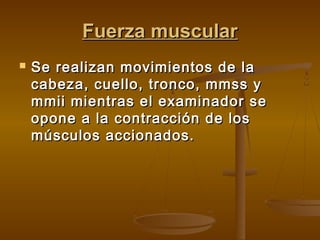 Fuerza muscular


Se realizan movimientos de la
cabeza, cuello, tronco, mmss y
mmii mientras el examinador se
opone a la contracción de los
músculos accionados.

 