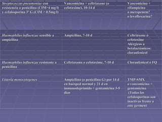 Streptococcus pneumoniaeStreptococcus pneumoniae concon
resistencia a penicilina (CIM>4 mg/l)resistencia a penicilina (CIM>4 mg/l)
y cefalosporina 3ª G (CIM > 0.5mg/l)y cefalosporina 3ª G (CIM > 0.5mg/l)
Vancomicina + ceftriaxone (oVancomicina + ceftriaxone (o
cefotaxime), 10-14 dcefotaxime), 10-14 d
Vancomicina +Vancomicina +
rifampicinarifampicina
o meropenem?o meropenem?
o levofloxacina?o levofloxacina?
Haemophilus influenzaeHaemophilus influenzae sensible asensible a
ampicilinaampicilina
Ampicilina, 7-10 dAmpicilina, 7-10 d Ceftriaxone óCeftriaxone ó
cefotaximecefotaxime
Alérgicos aAlérgicos a
betalactámicos:betalactámicos:
cloranfenicolcloranfenicol
Haemophilus influenzaeHaemophilus influenzae resistente aresistente a
penicilinapenicilina
Ceftriaxona o cefotaxime, 7-10 dCeftriaxona o cefotaxime, 7-10 d Cloranfenicol ó FQCloranfenicol ó FQ
Listeria monocytogenesListeria monocytogenes Ampicilina (o penicilina G) por 14 dAmpicilina (o penicilina G) por 14 d
en huésped normal y 21 d enen huésped normal y 21 d en
inmunodeprimido + gentamicina 3-5inmunodeprimido + gentamicina 3-5
díasdías
TMP-SMXTMP-SMX
o vancomicina +o vancomicina +
gentamicinagentamicina
(Todas las(Todas las
cefalosporinas soncefalosporinas son
inactivas frente ainactivas frente a
este germen)este germen)
 