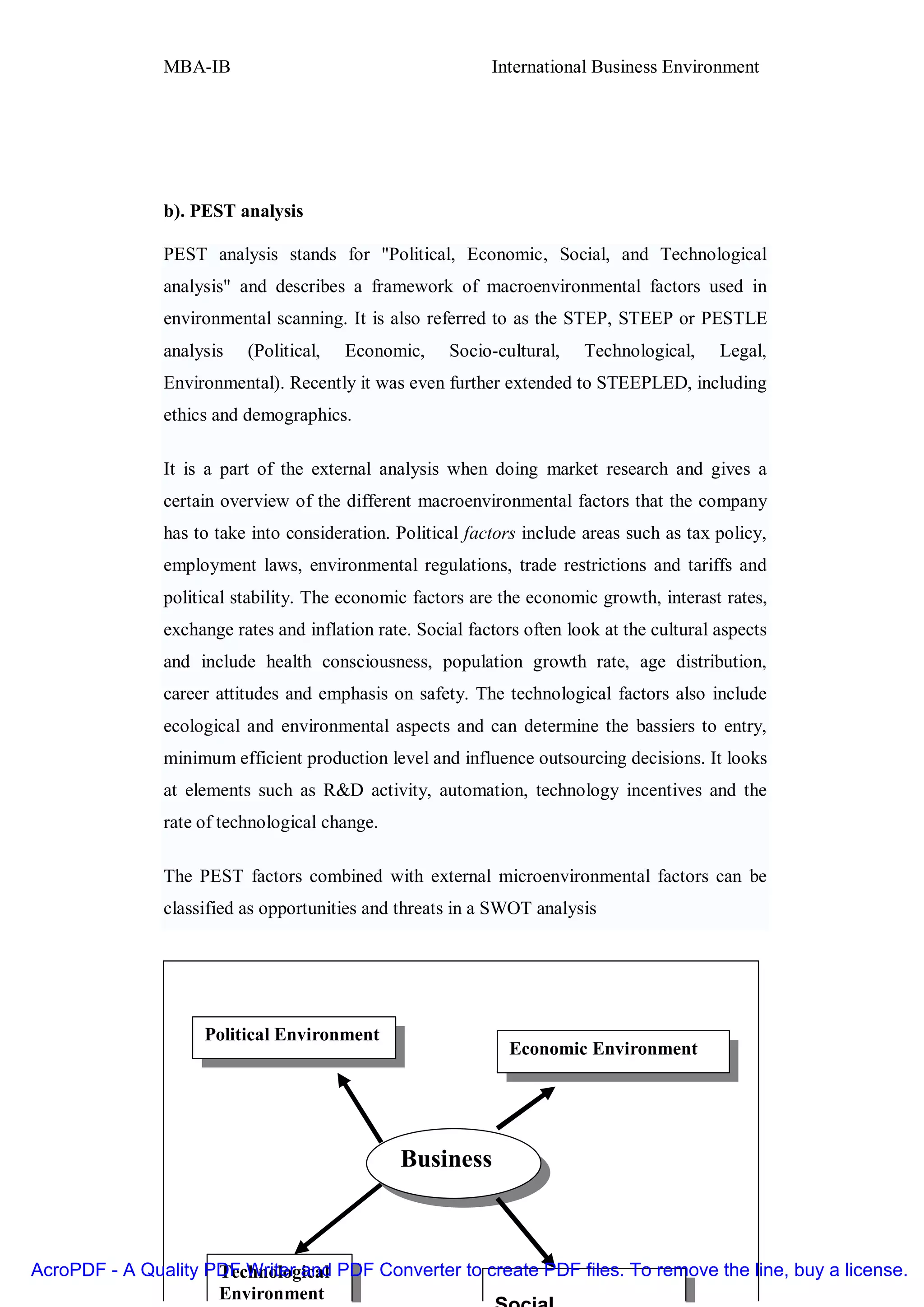 MBA-IB                                       International Business Environment




               b). PEST analysis

               PEST analysis stands for "Political, Economic, Social, and Technological
               analysis" and describes a framework of macroenvironmental factors used in
               environmental scanning. It is also referred to as the STEP, STEEP or PESTLE
               analysis   (Political,   Economic,     Socio-cultural,    Technological,     Legal,
               Environmental). Recently it was even further extended to STEEPLED, including
               ethics and demographics.

               It is a part of the external analysis when doing market research and gives a
               certain overview of the different macroenvironmental factors that the company
               has to take into consideration. Political factors include areas such as tax policy,
               employment laws, environmental regulations, trade restrictions and tariffs and
               political stability. The economic factors are the economic growth, interast rates,
               exchange rates and inflation rate. Social factors often look at the cultural aspects
               and include health consciousness, population growth rate, age distribution,
               career attitudes and emphasis on safety. The technological factors also include
               ecological and environmental aspects and can determine the bassiers to entry,
               minimum efficient production level and influence outsourcing decisions. It looks
               at elements such as R&D activity, automation, technology incentives and the
               rate of technological change.

               The PEST factors combined with external microenvironmental factors can be
               classified as opportunities and threats in a SWOT analysis




                    Political Environment
                                                               Economic Environment


               Unit I                                                                        173

                                               Business



                     Technological
AcroPDF - A Quality PDF Writer and PDF Converter to create PDF files. To remove the line, buy a license.
                     Environment
 