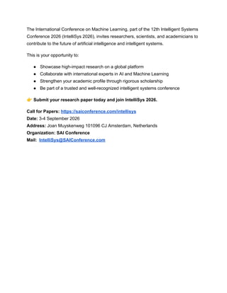 International Conference on Machine Learning | IntelliSys 2026 | PDF