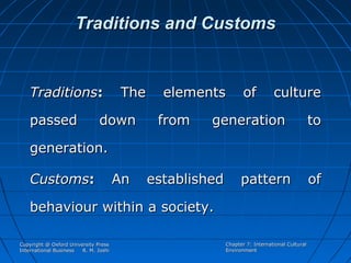 Traditions and Customs

Traditions:
passed

The

down

elements
from

of

culture

generation

to

generation.
Customs:

An

established

pattern

behaviour within a society.
Copyright @ Oxford University Press
International Business
R. M. Joshi

Chapter 7: International Cultural
Environment

of

 