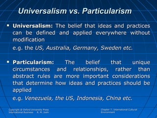 Universalism vs. Particularism


Universalism: The belief that ideas and practices
can be defined and applied everywhere without
modification
e.g. the US, Australia, Germany, Sweden etc.



Particularism:
The
belief
that
unique
circumstances and relationships, rather than
abstract rules are more important considerations
that determine how ideas and practices should be
applied
e.g. Venezuela, the US, Indonesia, China etc.

Copyright @ Oxford University Press
International Business
R. M. Joshi

Chapter 7: International Cultural
Environment

 
