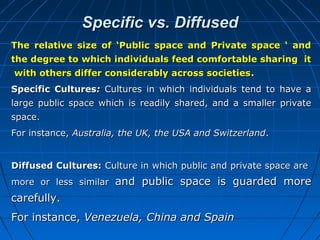 Specific vs. Diffused
The relative size of ‘Public space and Private space ‘ and
the degree to which individuals feed comfortable sharing it
with others differ considerably across societies .
Specific Cultures: Cultures in which individuals tend to have a
large public space which is readily shared, and a smaller private
space.
For instance, Australia, the UK, the USA and Switzerland.
Diffused Cultures: Culture in which public and private space are
more or less similar

and public space is guarded more

carefully.
For instance, Venezuela, China and Spain

 