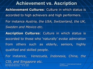 Achievement vs. Ascription
Achievement Cultures: Culture in which status is
accorded to high achievers and high performers.
For instance Austria, the USA, Switzerland, the UK,
Sweden and Mexico etc.
Ascription Cultures: Culture in which status is
accorded to those who ‘naturally’ evoke admiration
from others such as elderly, seniors, highly
qualified and skilled people.
For instance,

Venezuela, Indonesia, China, the

CIS, and Singapore etc.

Copyright @ Oxford University Press
International Business
R. M. Joshi

Chapter 7: International Cultural
Environment

 