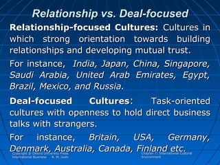 Relationship vs. Deal-focused
Relationship-focused Cultures: Cultures in
which strong orientation towards building
relationships and developing mutual trust.
For instance, India, Japan, China, Singapore,
Saudi Arabia, United Arab Emirates, Egypt,
Brazil, Mexico, and Russia.
Deal-focused
Cultures:
Task-oriented
cultures with openness to hold direct business
talks with strangers.
For
instance,
Britain,
USA,
Germany,
Denmark, Australia, Canada, Finland etc.
Copyright @ Oxford University Press
International Business
R. M. Joshi

Chapter 7: International Cultural
Environment

 