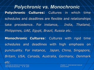 Polychronic vs. Monochronic
Polychronic

Cultures:

Cultures

in

which

time

schedules and deadlines are flexible and relationships
take precedence. For instance,

India, Thailand,

Philippines, UAE, Egypt, Brazil, Russia etc.
Monochronic Cultures: Cultures with rigid time
schedules and deadlines with high emphasis on
punctuality. For instance,

Japan, China, Singapore,

Britain, USA, Canada, Australia, Germany, Denmark
etc.
Copyright @ Oxford University Press
International Business
R. M. Joshi

Chapter 7: International Cultural
Environment

 