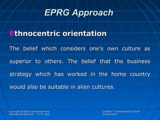 EPRG Approach
Ethnocentric orientation
The belief which considers one’s own culture as
superior to others. The belief that the business
strategy which has worked in the home country
would also be suitable in alien cultures.

Copyright @ Oxford University Press
International Business
R. M. Joshi

Chapter 7: International Cultural
Environment

 