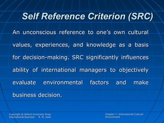 Self Reference Criterion (SRC)
An unconscious reference to one’s own cultural
values, experiences, and knowledge as a basis
for decision-making. SRC significantly influences
ability of international managers to objectively
evaluate

environmental

factors

and

make

business decision.

Copyright @ Oxford University Press
International Business
R. M. Joshi

Chapter 7: International Cultural
Environment

 