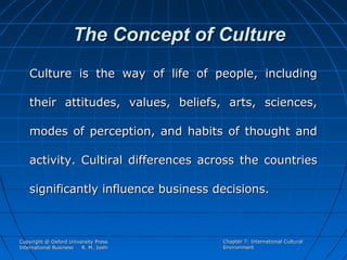 The Concept of Culture
Culture is the way of life of people, including
their attitudes, values, beliefs, arts, sciences,
modes of perception, and habits of thought and
activity. Cultiral differences across the countries
significantly influence business decisions.

Copyright @ Oxford University Press
International Business
R. M. Joshi

Chapter 7: International Cultural
Environment

 