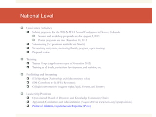 National Level
 Conference Activities
 Submit proposals for the 2016 NAFSA Annual Conference in Denver, Colorado
 Session and workshop proposals are due August 3, 2015
 Poster proposals are due December 14, 2015
 Volunteering (AC positions available late March)
 Networking receptions, mentoring/buddy program, open meetings
 Proposal review
 Training
 Trainer Corps (Applications open in November 2015)
 Training at all levels, curriculum development, and revision, etc.
 Publishing and Presenting
 IEM Spotlight (Authorship and Subcommittee roles)
 SIM (Contribute to NAFSA Resources)
 Collegial conversations (suggest topics/lead), forums, and listservs
 Leadership Positions
 Open-elected: Board of Directors and Knowledge Community Chairs
 Appointed: Committees and subcommittees (August 2015 at www.nafsa.org/openpositions)
 Profile of Interests, Experience and Expertise (PIEE)
 