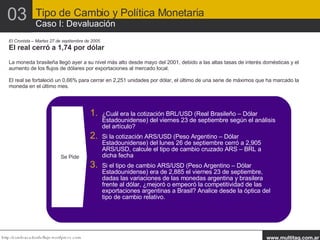 El Cronista – Martes 27 de septiembre de 2005. El real cerró a 1,74 por dólar La moneda brasileña llegó ayer a su nivel más alto desde mayo del 2001, debido a las altas tasas de interés domésticas y el aumento de los flujos de dólares por exportaciones al mercado local. El real se fortaleció un 0,66% para cerrar en 2,251 unidades por dólar, el último de una serie de máximos que ha marcado la moneda en el último mes. Se Pide ¿Cuál era la cotización BRL/USD (Real Brasileño – Dólar Estadounidense) del viernes 23 de septiembre según el análisis del artículo?  Si la cotización ARS/USD (Peso Argentino – Dólar Estadounidense) del lunes 26 de septiembre cerró a 2,905 ARS/USD, calcule el tipo de cambio cruzado ARS – BRL a dicha fecha  Si el tipo de cambio ARS/USD (Peso Argentino – Dólar Estadounidense) era de 2,885 el viernes 23 de septiembre, dadas las variaciones de las monedas argentina y brasilera frente al dólar, ¿mejoró o empeoró la competitividad de las exportaciones argentinas a Brasil? Analice desde la óptica del tipo de cambio relativo.  Tipo de Cambio y Política Monetaria Caso I: Devaluación 03 