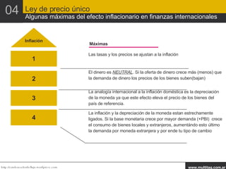 Inflación 2 3 4 1 Máximas El dinero es  NEUTRAL . Si la oferta de dinero crece más (menos) que la demanda de dinero los precios de los bienes suben(bajan) Las tasas y los precios se ajustan a la inflación La analogía internacional a la inflación doméstica es la depreciación de la moneda ya que este efecto eleva el precio de los bienes del país de referencia. La inflación y la depreciación de la moneda estan estrechamente ligados. Si la base monetaria crece por mayor demanda (+PBI)  crece el consumo de bienes locales y extranjeros, aumentándo esto último la demanda por moneda extranjera y por ende tu tipo de cambio Ley de precio único Algunas máximas del efecto inflacionario en finanzas internacionales 04 