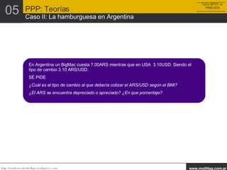 En Argentina un BigMac cuesta 7.00ARS mientras que en USA  3.10USD. Siendo el tipo de cambio 3.10 ARS/USD. SE PIDE ¿Cuál es el tipo de cambio al que debería cotizar el ARS/USD según el BMI? ¿El ARS se encuentra depreciado o apreciado? ¿En que porcentaje? ToCo SPOT vs  PRECIOS PPP: Teorías Caso II: La hamburguesa en Argentina 05 