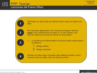1 Monedas con altas tasas de inflación tienen tasas de interés más altas. 2 En mercados globalizados, los inversores persiguen retornos  reales  y las modificaciones de estos en un país afectan a los retornos reales de los mismos activos en otros países. 3 La existencia de diferenciales de retornos reales puede existir y es debido a Riesgo político Riesgo cambiario 4 Países con altas tasas nominales (alta inflación) tienden a tener mayores retornos reales sobre los mismos activos. INTERES VS. PRECIOS PPP: Teorías Lecciones del Fisher Effect 05 