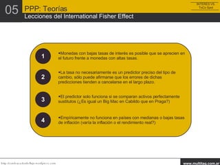 1 Monedas con bajas tasas de interés es posible que se aprecien en el futuro frente a monedas con altas tasas. 2 La tasa no necesariamente es un predictor preciso del tipo de cambio, sólo puede afirmarse que los errores de dichas predicciones tienden a cancelarse en el largo plazo. 3 El predictor solo funciona si se comparan activos perfectamente sustitutos (¿Es igual un Big Mac en Cabildo que en Praga?) 4 Empíricamente no funciona en países con medianas o bajas tasas de inflación (varía la inflación o el rendimiento real?) INTERES VS. ToCo Spot PPP: Teorías Lecciones del International Fisher Effect 05 