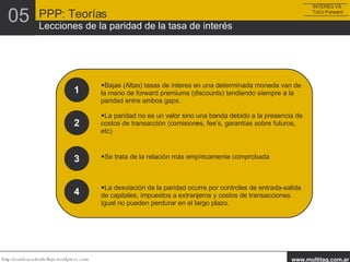 1 Bajas (Altas) tasas de interes en una determinada moneda van de la mano de forward premiums (discounts) tendiendo siempre a la paridad entre ambos gaps. 2 La paridad no es un valor sino una banda debido a la presencia de costos de transacción (comisiones, fee’s, garantías sobre futuros, etc) 3 Se trata de la relación más empíricamente comprobada 4 La desviación de la paridad ocurre por controles de entrada-salida de capitales, impuestos a extranjeros y costos de transacciones. Igual no pueden perdurar en el largo plazo. PPP: Teorías Lecciones de la paridad de la tasa de interés 05 INTERES VS. ToCo Forward 