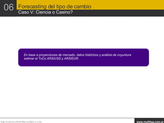 En base a proyecciones de mercado, datos históricos y análisis de coyuntura estimar el ToCo ARS/USD y ARS/EUR. Forecasting del tipo de cambio Caso V: Ciencia o Casino? 06 