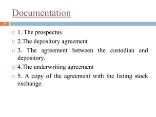 Documentation
 1. The prospectus
 2.The depository agreement
 3. The agreement between the custodian and
depository.
 4.The underwriting agreement
 5. A copy of the agreement with the listing stock
exchange.
20
 