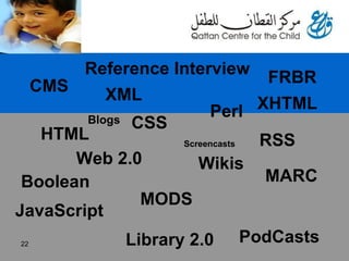 HTML CSS CMS Perl JavaScript XML Wikis FRBR MODS RSS Web 2.0 Library 2.0 PodCasts XHTML Screencasts Blogs MARC Boolean Ref...