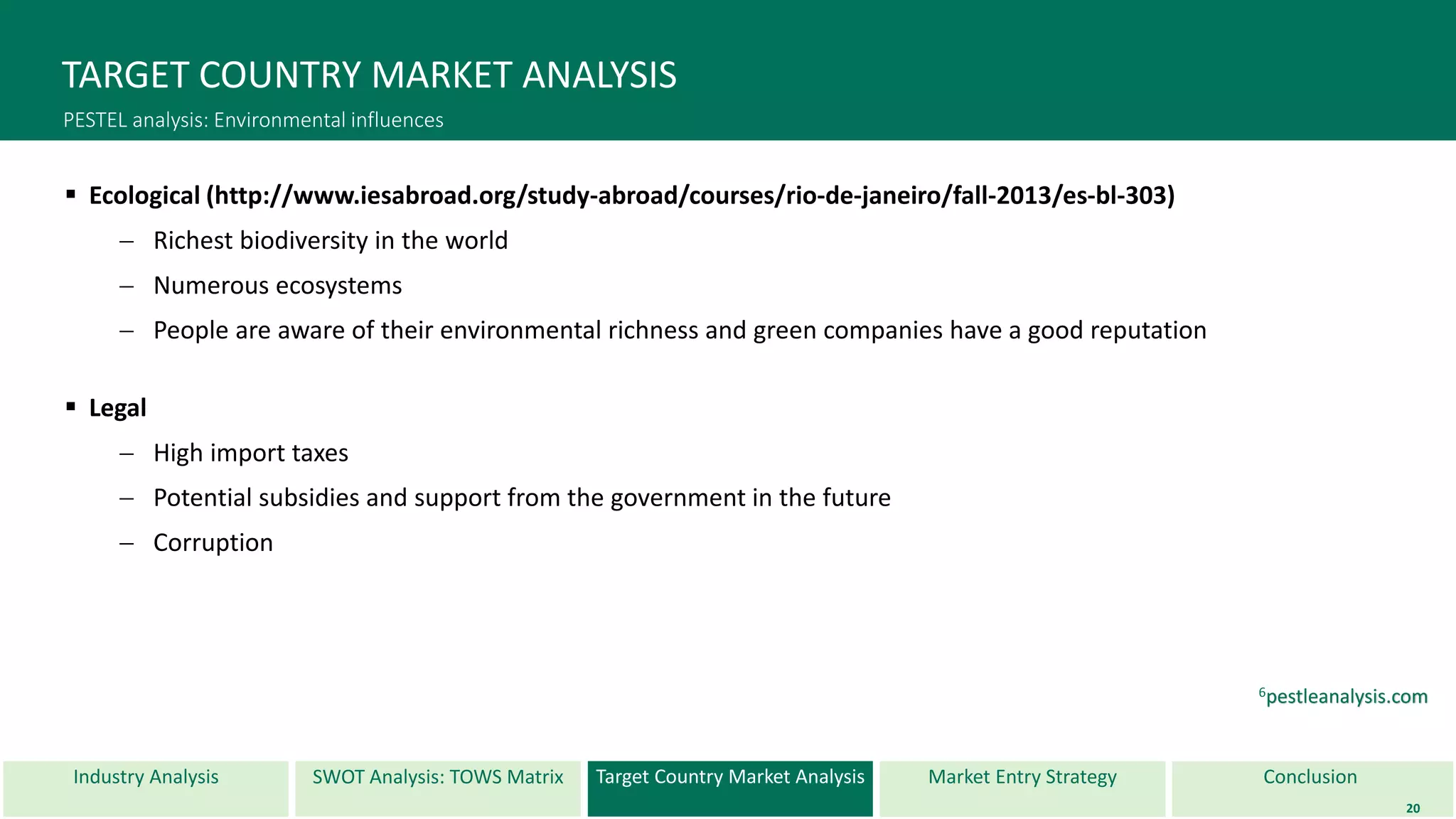 Industry Analysis SWOT Analysis: TOWS Matrix Target Country Market Analysis ConclusionMarket Entry Strategy
TARGET COUNTRY MARKET ANALYSIS
PESTEL analysis: Environmental influences
 Ecological (http://www.iesabroad.org/study-abroad/courses/rio-de-janeiro/fall-2013/es-bl-303)
 Richest biodiversity in the world
 Numerous ecosystems
 People are aware of their environmental richness and green companies have a good reputation
 Legal
 High import taxes
 Potential subsidies and support from the government in the future
 Corruption
20
6pestleanalysis.com
 
