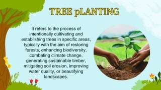 It refers to the process of
intentionally cultivating and
establishing trees in specific areas,
typically with the aim of restoring
forests, enhancing biodiversity,
combating climate change,
generating sustainable timber,
mitigating soil erosion, improving
water quality, or beautifying
landscapes.
 