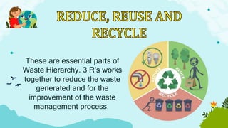 These are essential parts of
Waste Hierarchy. 3 R’s works
together to reduce the waste
generated and for the
improvement of the waste
management process.
 