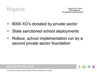 Nigeria 6000 XO’s donated by private sector State sanctioned school deployments Rollout, school implementation run by a second private sector foundation 
