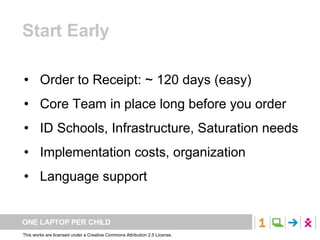 Start Early Order to Receipt: ~ 120 days (easy) Core Team in place long before you order ID Schools, Infrastructure, Saturation needs Implementation costs, organization Language support 