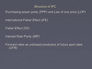 Structure of IPC
Purchasing power parity (PPP) and Law of one price (LOP)

International Fisher Effect (IFE)

Fisher Effect (FE)

Interest Rate Parity (IRP)

Forward rates as unbiased predictors of future spot rates
  (UFR)
 