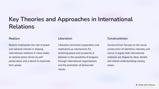 Key Theories and Approaches in International
Relations
Realism
Realism emphasizes the role of power
and national interest in shaping
international relations. It views states
as rational actors driven by self-
preservation and a desire to maximize
their power.
Liberalism
Liberalism prioritizes cooperation and
institutions as mechanisms for
achieving peace and prosperity. It
believes in the possibility of progress
through international organizations
and the promotion of democratic
values.
Constructivism
Constructivism focuses on the social
construction of identities, interests, and
norms. It argues that international
relations are shaped by ideas, beliefs,
and shared understandings among
actors.
 