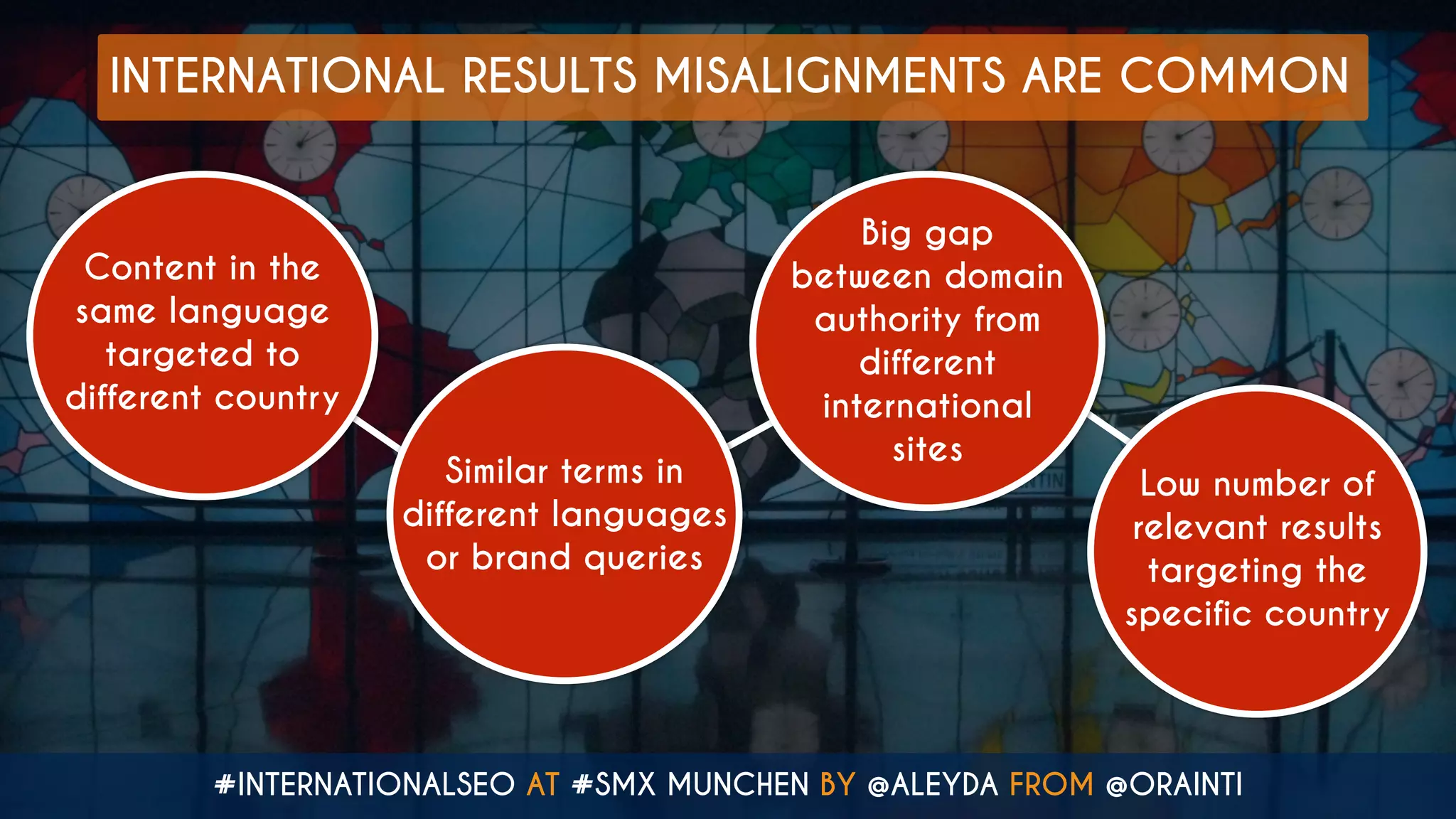 #INTERNATIONALSEO AT #SMX MUNCHEN BY @ALEYDA FROM @ORAINTI
INTERNATIONAL RESULTS MISALIGNMENTS ARE COMMON
Content in the
same language
targeted to
different country
Similar terms in
different languages
or brand queries
Big gap
between domain
authority from
different
international
sites
Low number of
relevant results
targeting the
specific country
 