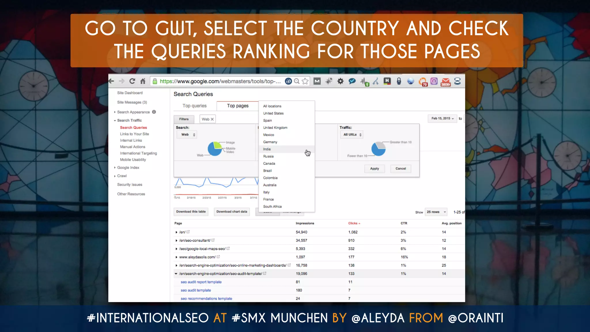 #INTERNATIONALSEO AT #SMX MUNCHEN BY @ALEYDA FROM @ORAINTI
GO TO GWT, SELECT THE COUNTRY AND CHECK
THE QUERIES RANKING FOR THOSE PAGES
 