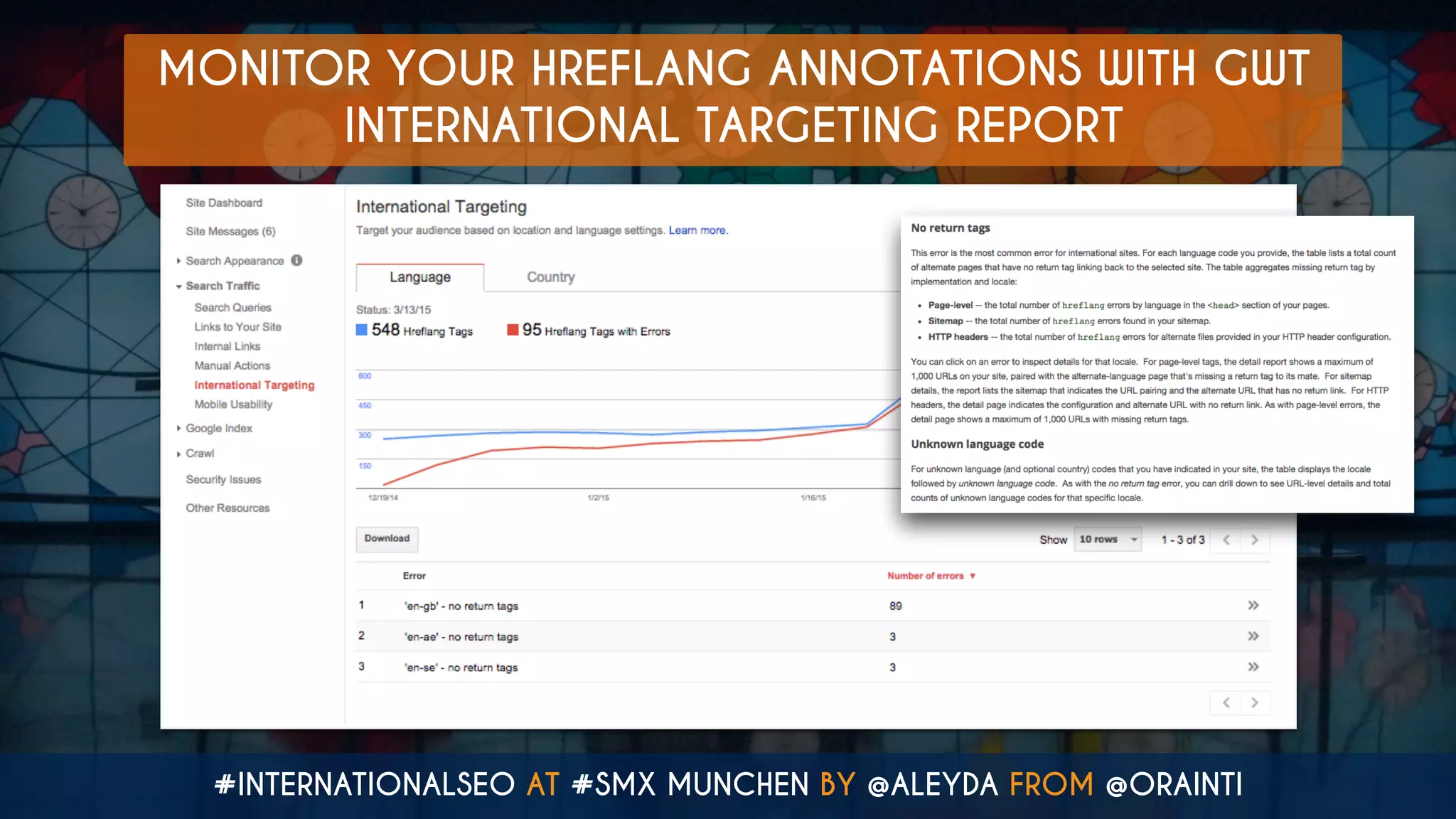 #INTERNATIONALSEO AT #SMX MUNCHEN BY @ALEYDA FROM @ORAINTI
MONITOR YOUR HREFLANG ANNOTATIONS WITH GWT  
INTERNATIONAL TARGETING REPORT
 