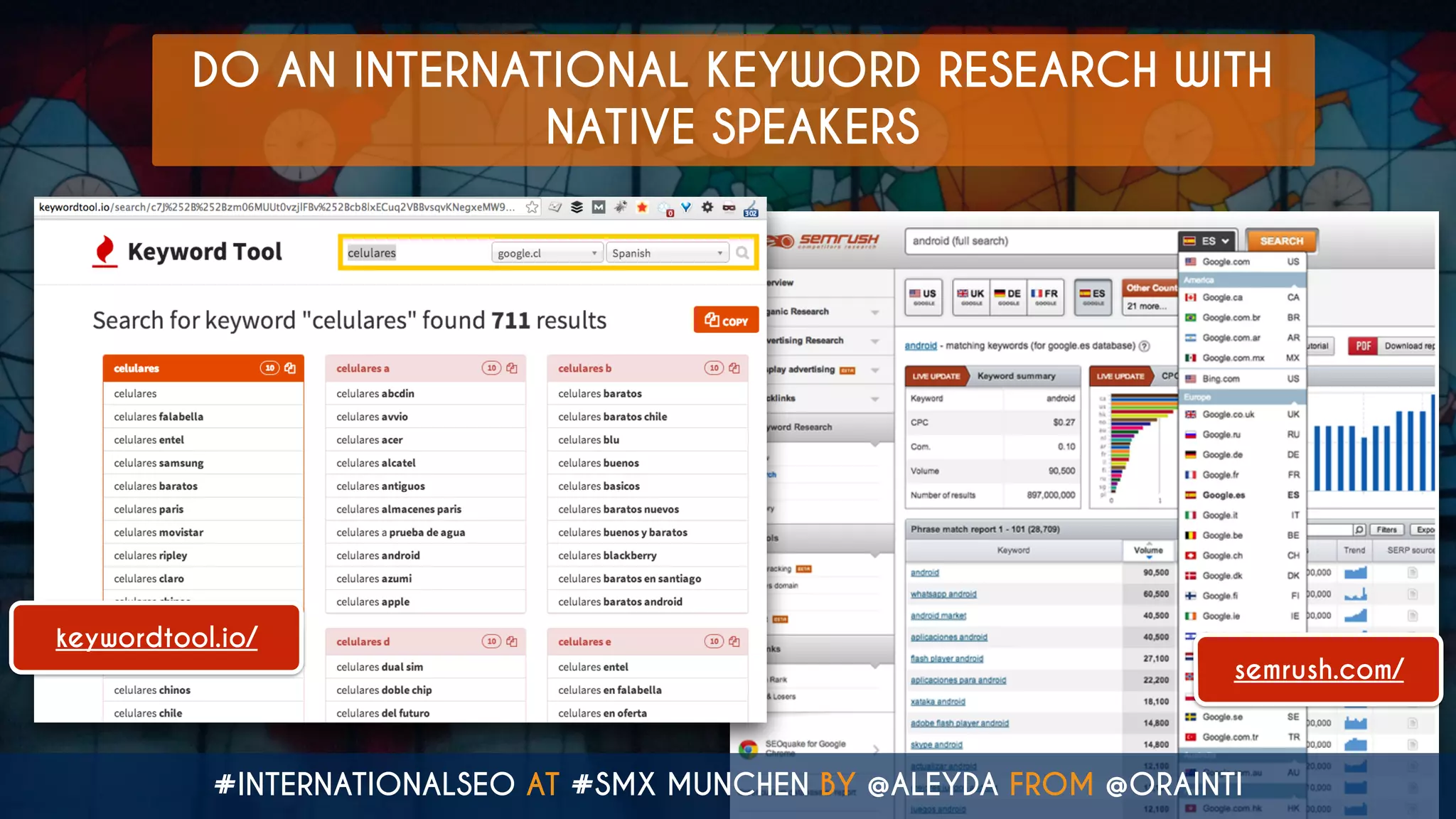 DO AN INTERNATIONAL KEYWORD RESEARCH WITH
NATIVE SPEAKERS
keywordtool.io/
semrush.com/
#INTERNATIONALSEO AT #SMX MUNCHEN BY @ALEYDA FROM @ORAINTI
 