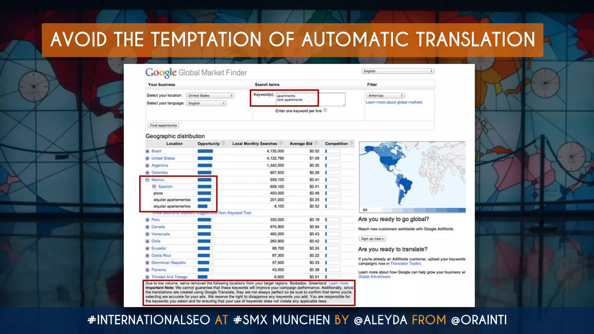 AVOID THE TEMPTATION OF AUTOMATIC TRANSLATION
#INTERNATIONALSEO AT #SMX MUNCHEN BY @ALEYDA FROM @ORAINTI
 