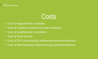 • Cost of regional link outreach
• Cost of content creation by local marketers
• Cost of professional translators
• Cost of local servers
• Cost of SEO consultant(s) delivering recommendations
• Cost of Developer(s) implementing recommendations
Costs
Portent
International SEO Strategy
 
