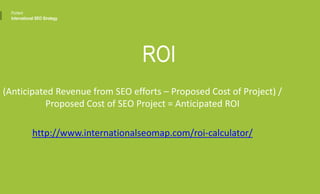 (Anticipated Revenue from SEO efforts – Proposed Cost of Project) /
Proposed Cost of SEO Project = Anticipated ROI
http://www.internationalseomap.com/roi-calculator/
ROI
Portent
International SEO Strategy
 