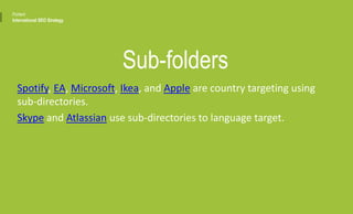Sub-folders
Spotify, EA, Microsoft, Ikea, and Apple are country targeting using
sub-directories.
Skype and Atlassian use sub-directories to language target.
Portent
International SEO Strategy
 