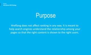 Hreflang does not affect ranking in any way. It is meant to
help search engines understand the relationship among your
pages so that the right content is shown to the right users.
Portent
International SEO Strategy
Purpose
 