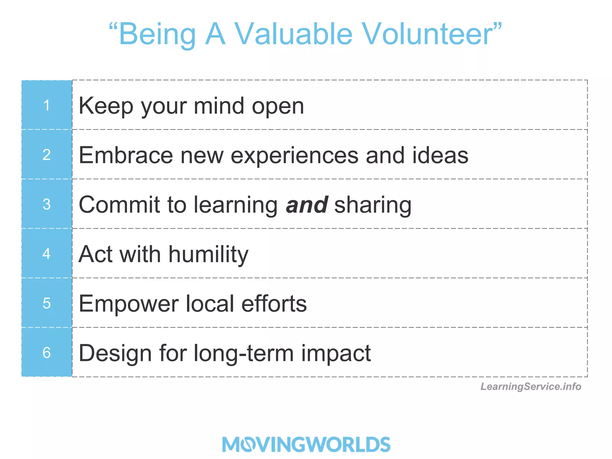 “Being A Valuable Volunteer” 
1 Keep your mind open 
2 Embrace new experiences and ideas 
3 Commit to learning and sharing 
4 Act with humility 
5 Empower local efforts 
6 Design for long-term impact 
LearningService.info 
 