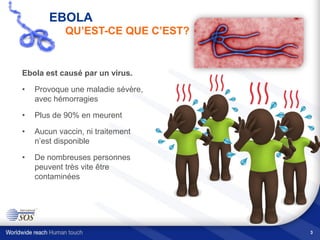 3
Ebola est causé par un virus.
• Provoque une maladie sévère,
avec hémorragies
• Plus de 90% en meurent
• Aucun vaccin, ni traitement
n’est disponible
• De nombreuses personnes
peuvent très vite être
contaminées
EBOLA
QU’EST-CE QUE C’EST?
 