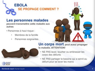 4
EBOLA
SE PROPAGE COMMENT ?
Les personnes malades
peuvent transmettre cette maladie aux
autres
• Personnes à haut risque :
• Membres de la famille
• Personnes soignantes
Un corps mort peut aussi propager
la maladie. ATTENTION!
• NE PAS laver, toucher ou embrasser les
corps des défunts
• NE PAS partager la bassine qui a servit au
défunt pour se laver les mains
 