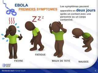 6
FIEVRE
FATIGUE
MAUX DE TETE NAUSEE
Les symptômes peuvent
apparaître en deux jours
après un contact avec une
personne ou un corps
contaminé.
EBOLA
PREMIERS SYMPTOMES
 