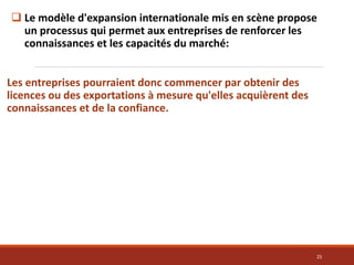  Le modèle d'expansion internationale mis en scène propose
un processus qui permet aux entreprises de renforcer les
connaissances et les capacités du marché:
Les entreprises pourraient donc commencer par obtenir des
licences ou des exportations à mesure qu'elles acquièrent des
connaissances et de la confiance.
25
 