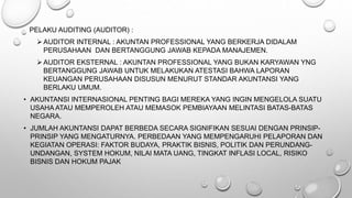 PELAKU AUDITING (AUDITOR) :
 AUDITOR INTERNAL : AKUNTAN PROFESSIONAL YANG BERKERJA DIDALAM
PERUSAHAAN DAN BERTANGGUNG JAWAB KEPADA MANAJEMEN.
 AUDITOR EKSTERNAL : AKUNTAN PROFESSIONAL YANG BUKAN KARYAWAN YNG
BERTANGGUNG JAWAB UNTUK MELAKUKAN ATESTASI BAHWA LAPORAN
KEUANGAN PERUSAHAAN DISUSUN MENURUT STANDAR AKUNTANSI YANG
BERLAKU UMUM.
• AKUNTANSI INTERNASIONAL PENTING BAGI MEREKA YANG INGIN MENGELOLA SUATU
USAHA ATAU MEMPEROLEH ATAU MEMASOK PEMBIAYAAN MELINTASI BATAS-BATAS
NEGARA.
• JUMLAH AKUNTANSI DAPAT BERBEDA SECARA SIGNIFIKAN SESUAI DENGAN PRINSIP-
PRINSIP YANG MENGATURNYA. PERBEDAAN YANG MEMPENGARUHI PELAPORAN DAN
KEGIATAN OPERASI: FAKTOR BUDAYA, PRAKTIK BISNIS, POLITIK DAN PERUNDANG-
UNDANGAN, SYSTEM HOKUM, NILAI MATA UANG, TINGKAT INFLASI LOCAL, RISIKO
BISNIS DAN HOKUM PAJAK
 