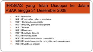 IFRS/IAS yang Telah Diadopsi ke dalam
PSAK hingga 31 Desember 2008
  1.    IAS 2 Inventories
  2.    IAS 10 Events after balance sheet date
  3.    IAS 11 Construction contracts
  4.    IAS 16 Property, plant and equipment
  5.    IAS 17 Leases
  6.    IAS 18 Revenues
  7.    IAS 19 Employee benefits
  8.    IAS 23 Borrowing costs
  9.    IAS 32 Financial instruments: presentation
  10.   IAS 39 Financial instruments: recognition and measurement
  11.   IAS 40 Investment propert
 