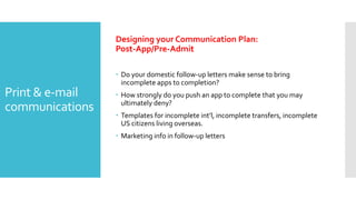 Print & e-mail
communications
Designing your Communication Plan:
Post-App/Pre-Admit
 Do your domestic follow-up letters make sense to bring
incomplete apps to completion?
 How strongly do you push an app to complete that you may
ultimately deny?
 Templates for incomplete int’l, incomplete transfers, incomplete
US citizens living overseas.
 Marketing info in follow-up letters
 